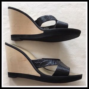 LEATHER STRAP WEDGE SANDALS BLACK PLATFORM SLIDES